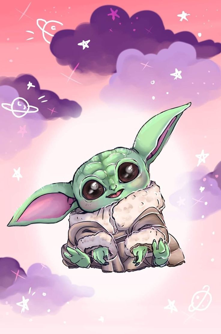 a baby yoda sitting on top of a cloud filled with stars