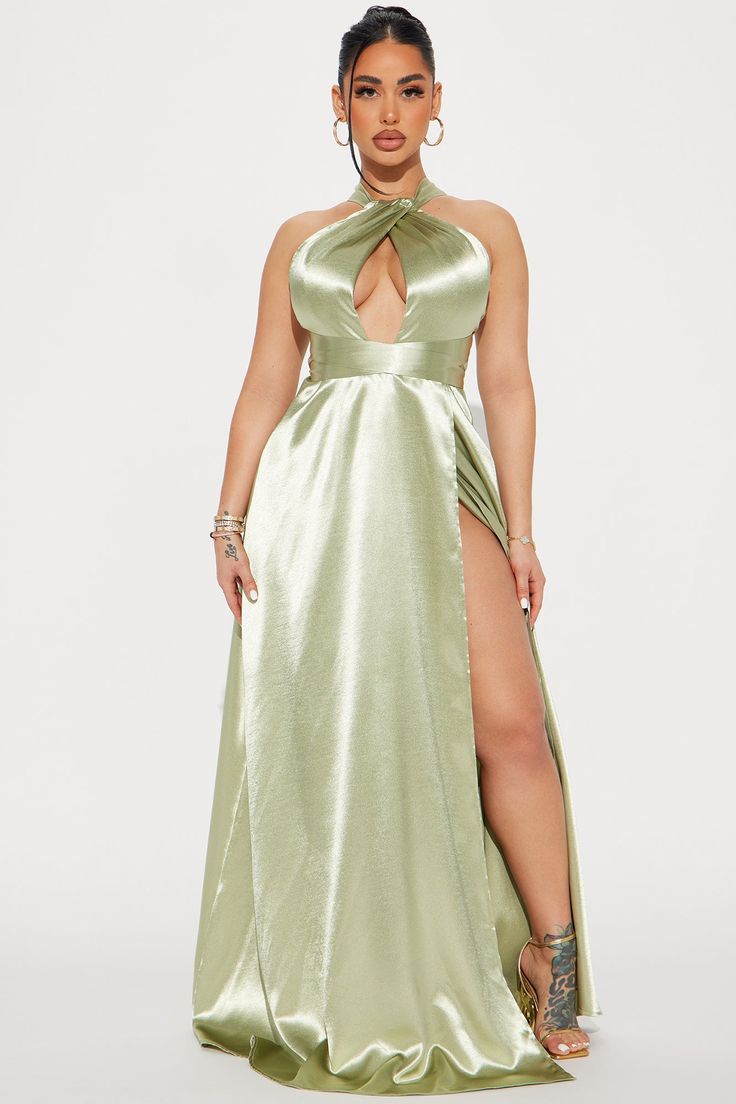 Available In Olive. Satin Gown Sleeveless High Neck Keyhole Detail X Back Back Tie Hidden Back Zipper Lined Self: 100% Polyester Lining: 100% Polyester Imported | Mae Satin Gown Dress in Olive Green size Medium by Fashion Nova Fashion Nova Evening Gowns, Olive Green Satin Robe, Green Satin Dress Plus Size, Luxury Satin V-neck Maxi Dress, Satin Gown Dress, Green Satin V-neck Maxi Dress, Luxe Clothing, Olive Fashion, Service Women