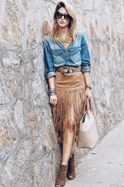 Fringe Skirt Outfit, Vestidos Country, Country Style Outfits, Looks Country, Fringe Fashion, Boho Chic Outfits, Looks Street Style, Fringe Skirt, Boho Look