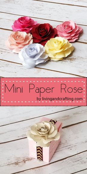 mini paper roses in a pink box on a white wooden background with text overlay