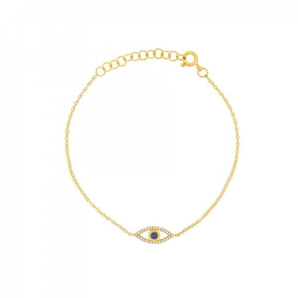 This groegous evil eye bracelet is the perfect addition to your arm party!  The center of the eye is accented with a beaufiful sapphire stone.   14K Yellow or W Elegant Evil Eye Bracelet With Adjustable Chain, Adjustable 14k Gold Evil Eye Bracelet, Elegant Gold Plated Evil Eye Bracelet, Elegant Beaded Evil Eye Bracelet, Elegant Gold Evil Eye Bracelet With Diamond Eyes, Elegant Gold Evil Eye Bracelet With Diamond Details, Elegant Adjustable Yellow Gold Evil Eye Bracelet, Evil Eye Cubic Zirconia Bracelet, Elegant Gold Evil Eye Bracelet With Cubic Zirconia