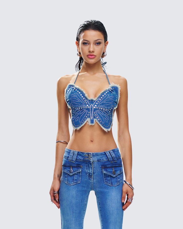 They’ll all be chasing after you in this blue denim butterfly top 🦋 Made from denim fabric and complete with studded detailing, a raw frayed edge, and adjustable ties for a look that will have everyone's hearts fluttering 💙 Blue Y2k Denim Top For Summer, Casual Denim Blue Top For Party, Blue Denim Y2k Top, Y2k Denim Blue Denim Top, Blue Denim Y2k Vest, Y2k Blue Denim Vest, Blue Denim Vest In Y2k Style, Y2k Style Denim Top, Blue Denim Festival Top