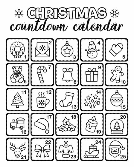 the christmas calendar is shown in black and white