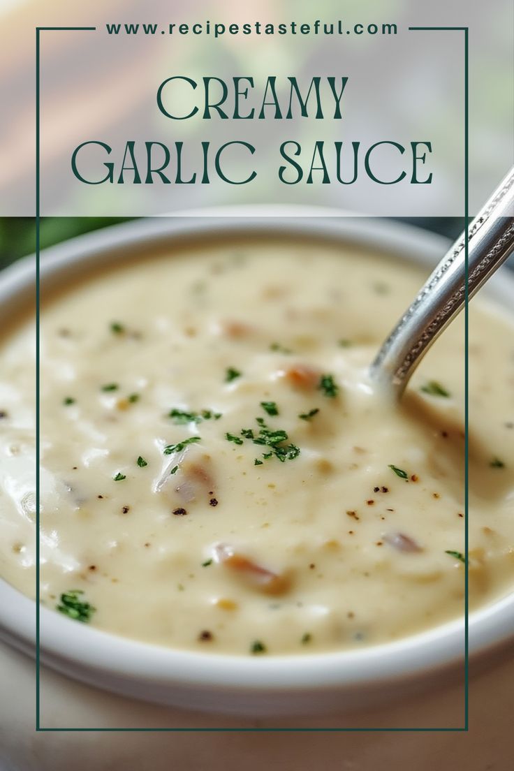 creamy garlic sauce in a white bowl with a spoon on the side and text overlay that reads creamy garlic sauce