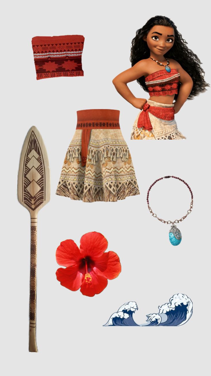 the moan princess costume is shown with her accessories and necklaces, including a red flower