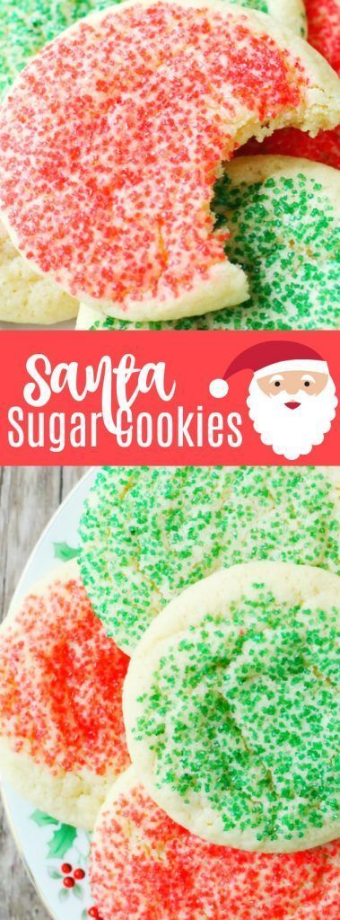 santa sugar cookies with green and red sprinkles