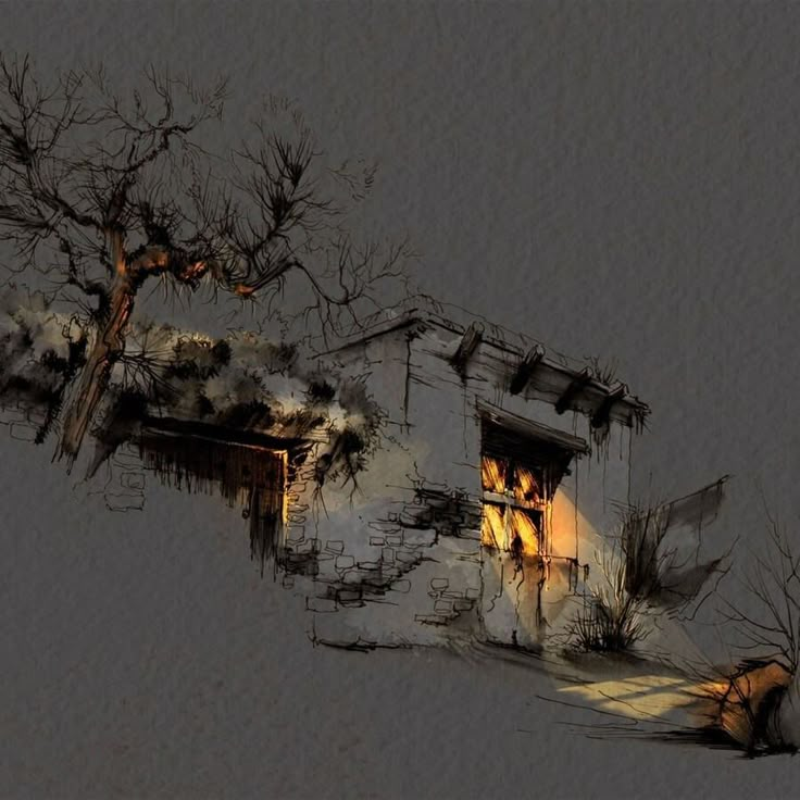 an artistic drawing of a house with trees in the foreground and snow on the ground