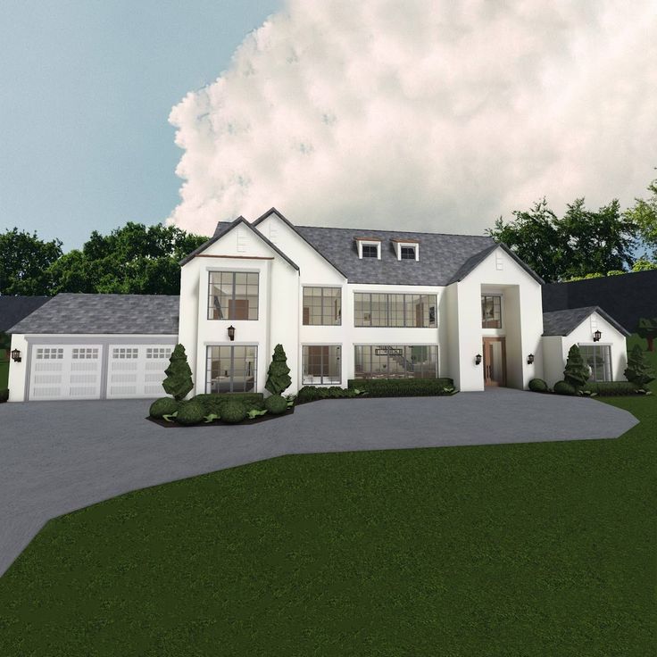 this is an artist's rendering of a house in the country side with two garages