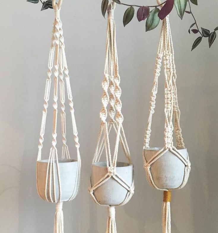 three macrame style hanging planters with plants in them