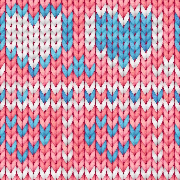 a knitted pattern with blue and pink hearts