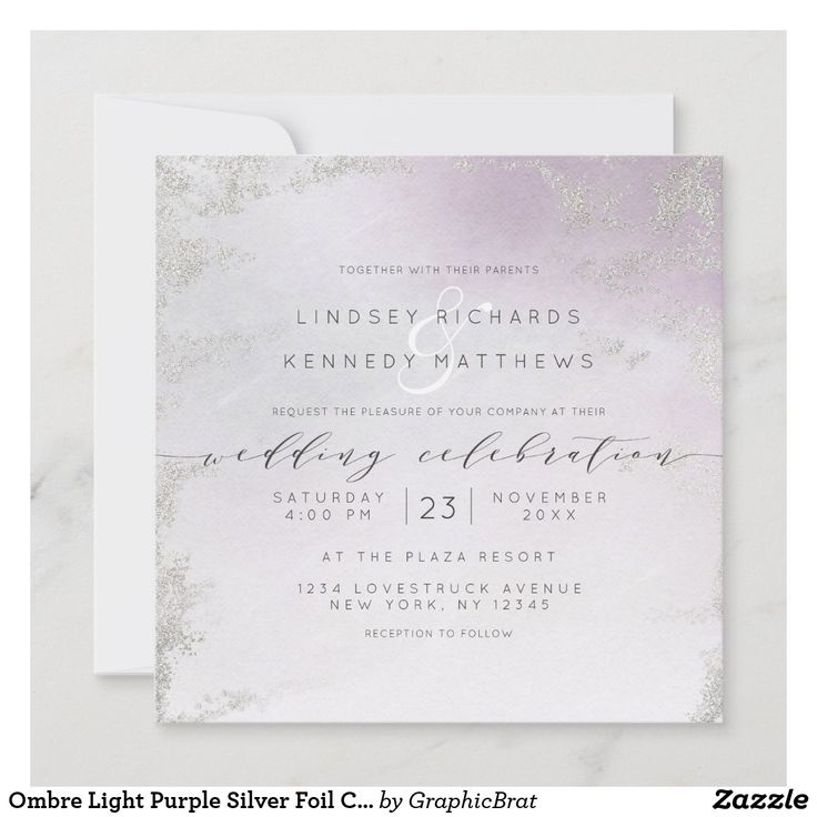 an elegant wedding card with silver foil on it