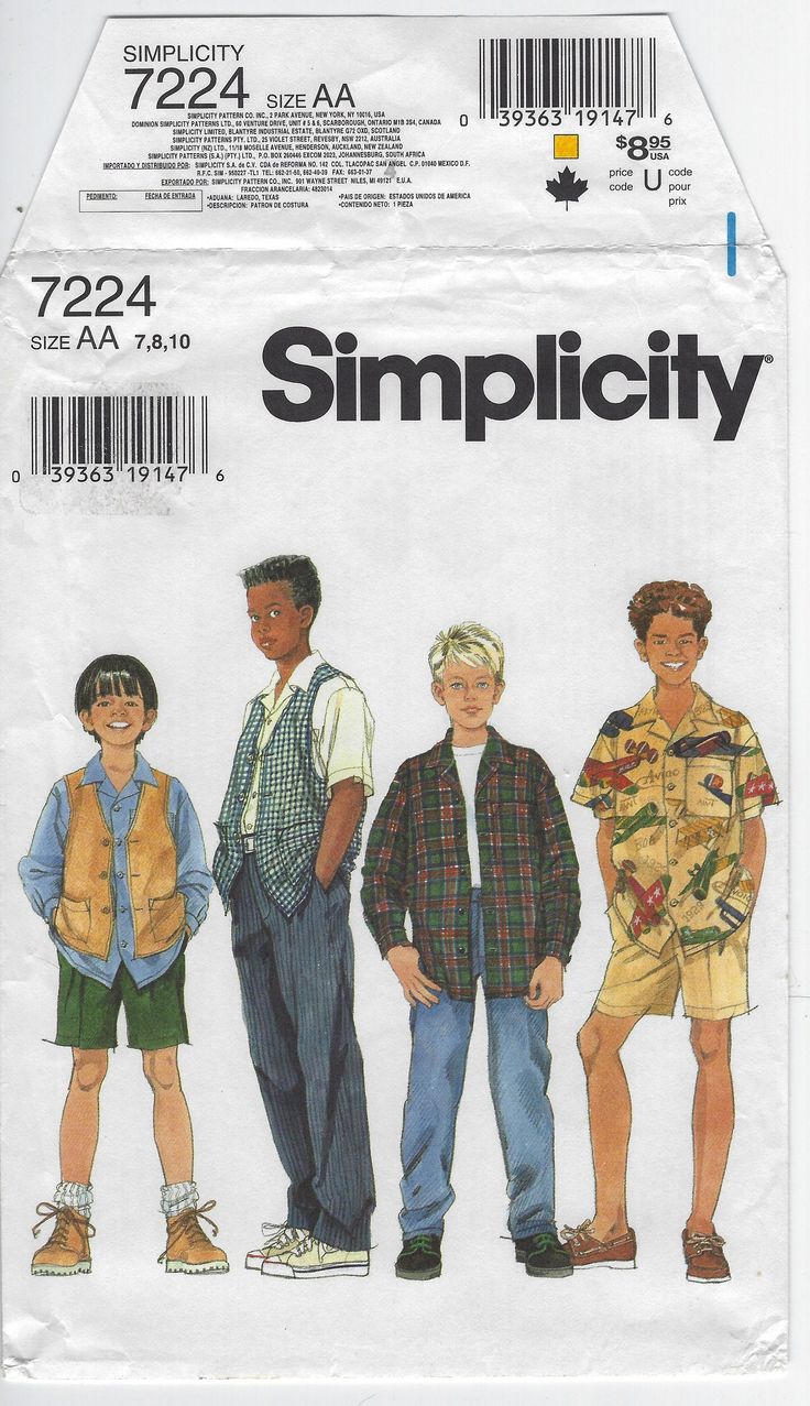 Please note this auction is for the sewing pattern only, not the finished item. This is an original vintage item. Simplicity 7224 multi-size range combination:  Boys  (7-8-10)  all sizes in one envelope Boys Shirt, Vest, Pants and Shorts: Button front shirt with collar, patch pocket, shirttail hem has long sleeves pleated to button cuffs or short sleeves Lined button front Best has patch pockets Pants and shorts with fly front have front pleats, side pockets, belt carriers, back patch pocket and 1990s Boys, Simplicity Patterns Vintage, Boys Pattern, Pants Sewing Pattern, Shirt Vest, Vintage Boys, Boys Shirt, Simplicity Sewing, Couture Vintage