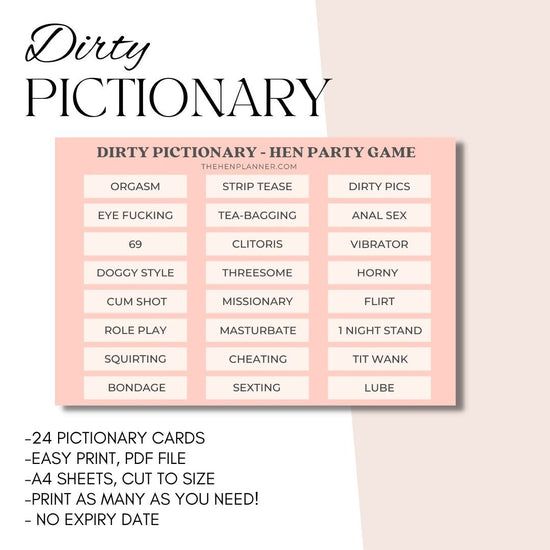 a pink and white poster with the words dirty dictionary on it, next to an image of