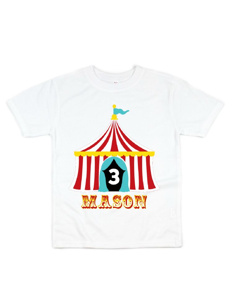 Celebrating your kiddo's birthday at the circus? Be the most stylish under the big top in this personalized birthday tee! Customize with any name by writing it in the box below. Also, select their age from the drop-down menu to complete the tee! 100% cotton black, white, & red color options short sleeve length kids, unisex style heat transfer vinyl design printed in Philadelphia, PA Fun Red T-shirt With Name Print, Red Character Print T-shirt For Playtime, Fun Red T-shirt For Playtime, Personalized Red Short Sleeve T-shirt, Personalized Red T-shirt With Short Sleeves, Personalized Red Tops For Birthday, Under The Big Top, Top Kids, Big Top