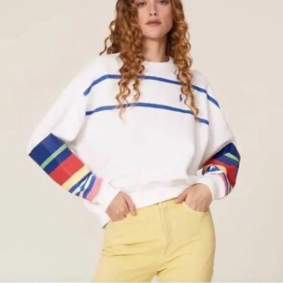 Polo Ralph Lauren Sweater. New. White With Blue, Yellow, Pink, Red And Green Stripes. Size: Large. Offers Are Welcome!!! Retro White Sweatshirt For Spring, Casual White Sweatshirt For Spring, White Relaxed Fit Color Block Sweatshirt, White Cotton Color Block Sweatshirt, White Color Block Tops For Spring, Cotton Cable Knit Sweater, Polo Ralph Lauren Sweater, Cashmere Sweater Women, Linen Sweater