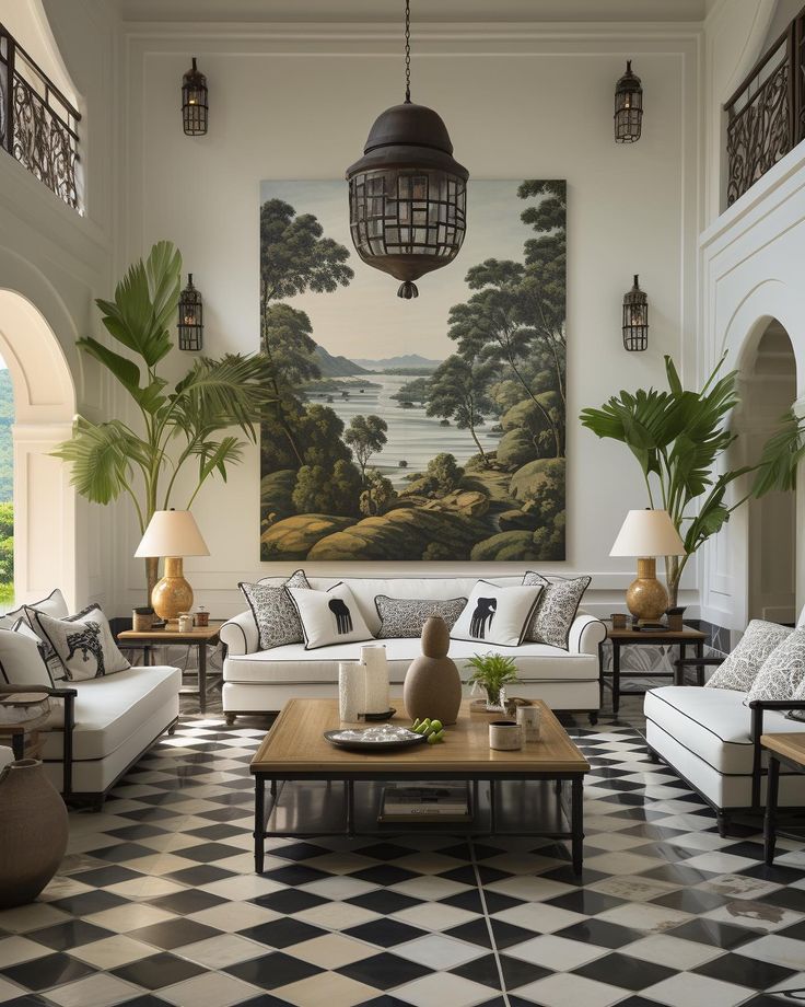 a living room with black and white checkered flooring next to a painting on the wall