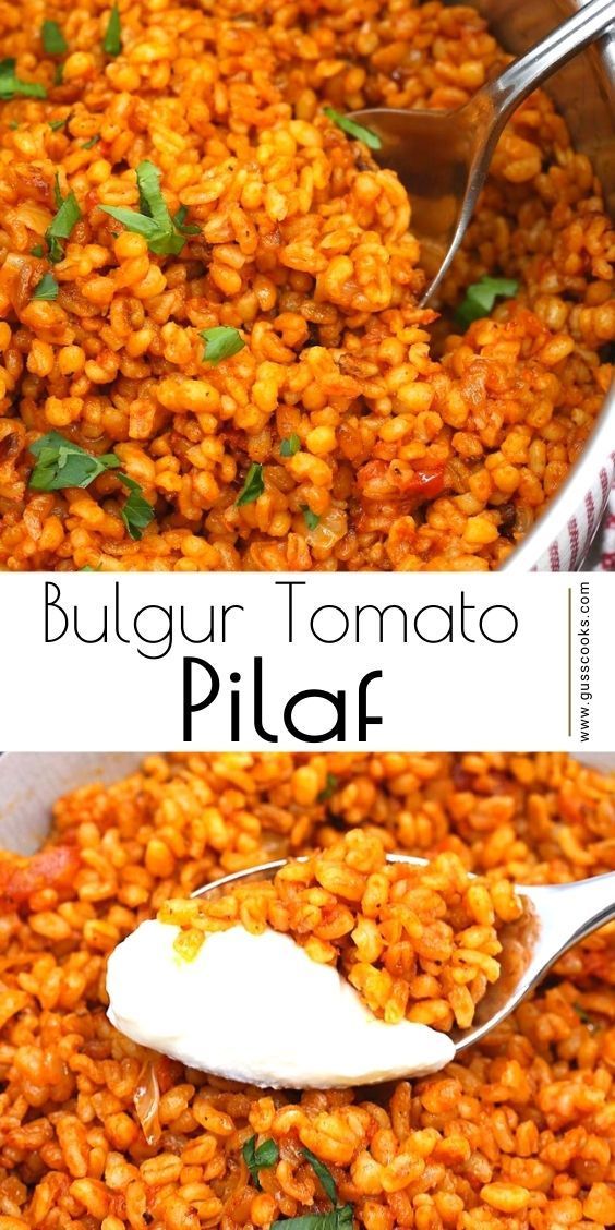 two pictures showing different types of food with spoons in them and the words, bulgur tomato pilaf