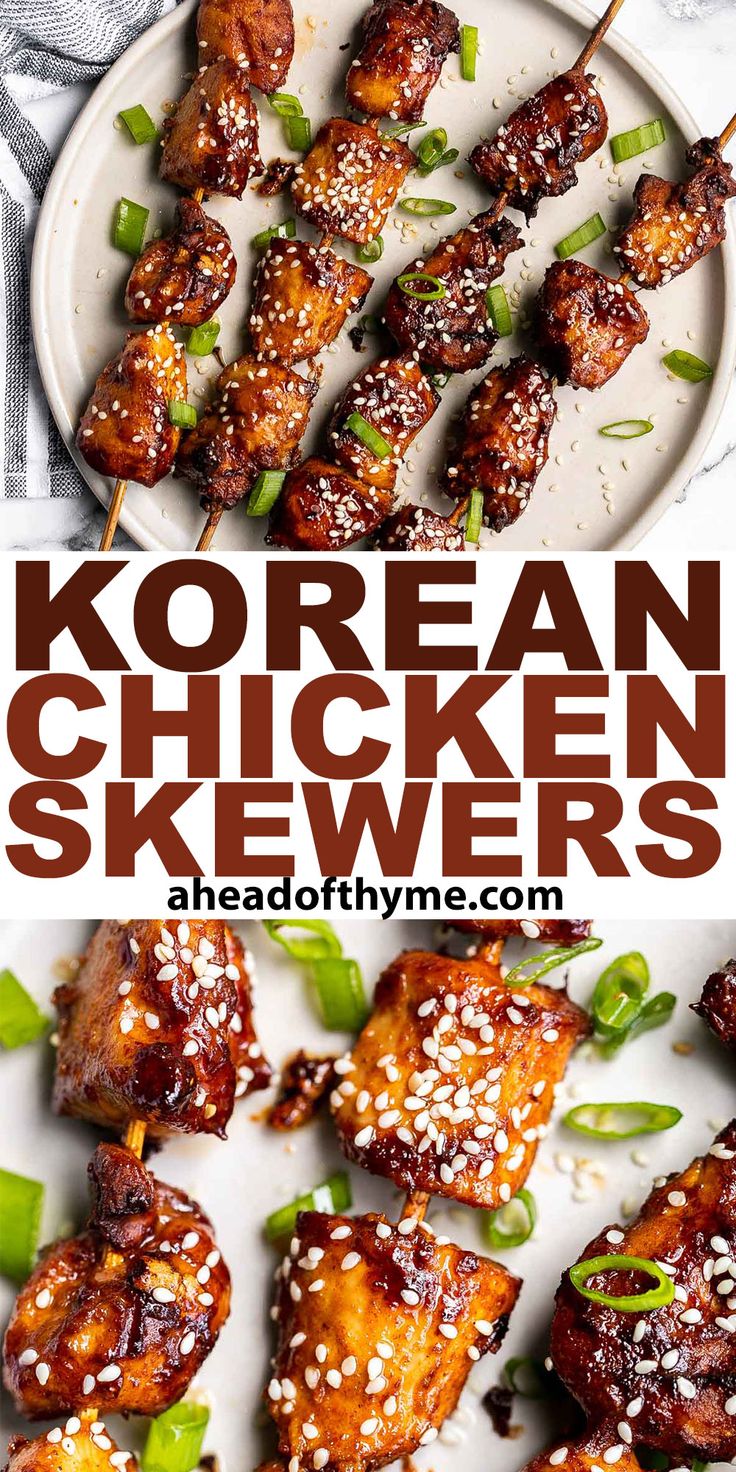 korean chicken skewers on a plate with sesame seeds