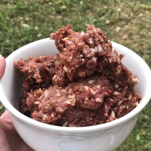 a hand holding a white bowl filled with chocolate and oatmeal treats on top of green grass