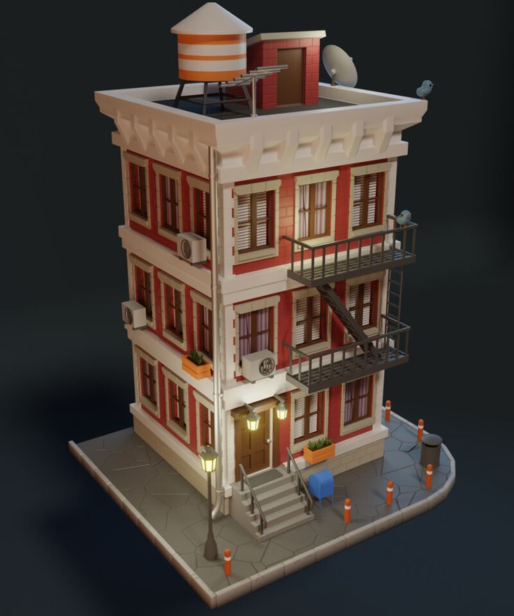 ArtStation - Stylized apartment building Apartment Building Reference, Apartment Model Architecture, Apartment Drawing Exterior, Ny Buildings, Architectural Design Concept, Isometric Building, Roblox Builds, Blender Ideas, 3d Building Design