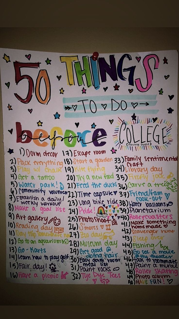 a poster with the words 50 things to do before college written in different colors on it