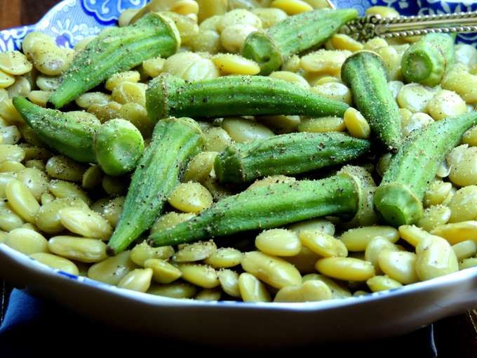 a bowl filled with beans and green beans