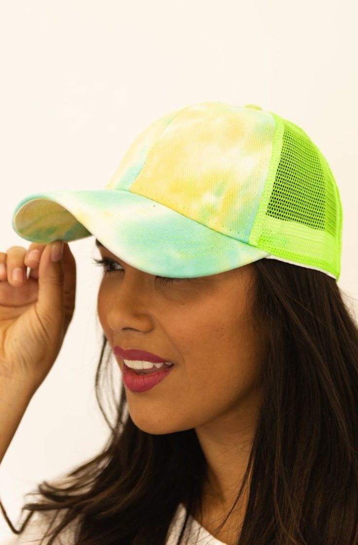 rock the tie dye trend with our brand-new baseball caps! these fun hats are the perfect accessory to show off your playful side or to cover up a bad hair day. with seven different color combinations, each cap is as unique as you are! Multicolor Sports Hats For Spring, Casual Green Mesh Trucker Hat, Green Baseball Cap For Sports, One Size Fits Most, Yellow Summer Sports Baseball Cap, Adjustable Green Breathable Baseball Cap, Trendy Yellow Trucker Hat For Spring, Adjustable Breathable Green Baseball Cap, Green Adjustable Mesh Snapback Hat, Adjustable Green Mesh Snapback Hat