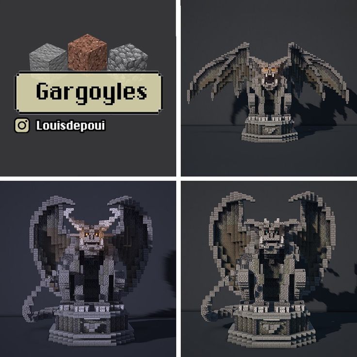 four different images of an eagle made out of legos and blocks with the words gargoyles on them