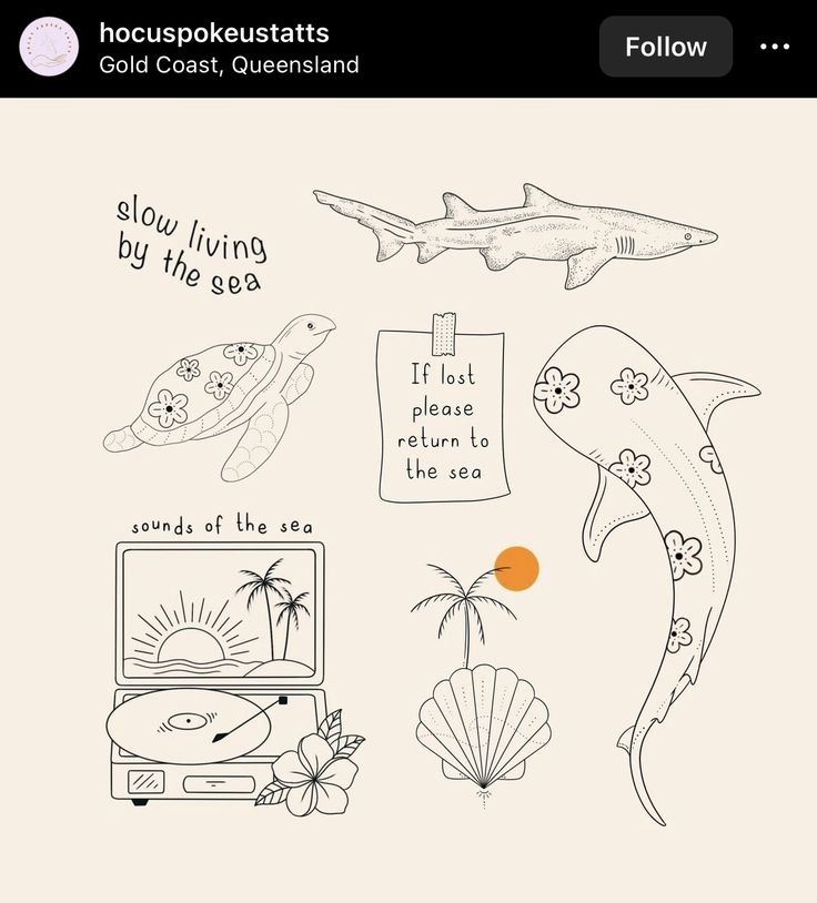 a drawing of various items that are in the ocean, including a shark and an orange ball