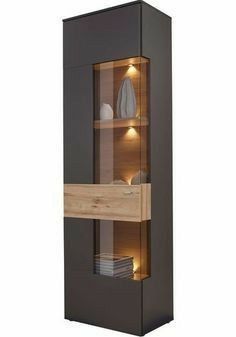 an illuminated display cabinet with two shelves and lights on the top one shelf is dark brown