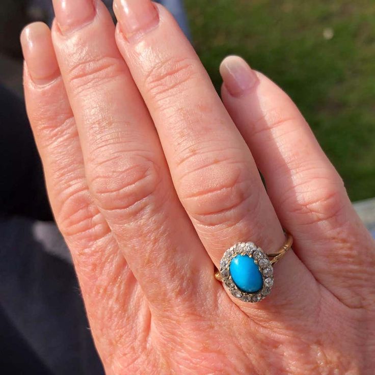 For Sale on 1stDibs - The diamonds which surround the beautiful bright turquoise are also so bright and have a wonderful sparkle. The stones are set in platinum and the diamonds Bright Turquoise, Cluster Ring, Platinum, Diamonds, Sparkle, Turquoise, Ring, For Sale, Gold