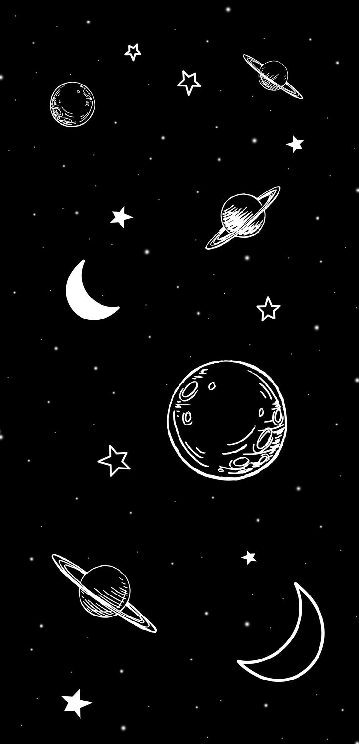 the stars and planets are drawn in black ink on a dark background with white outlines