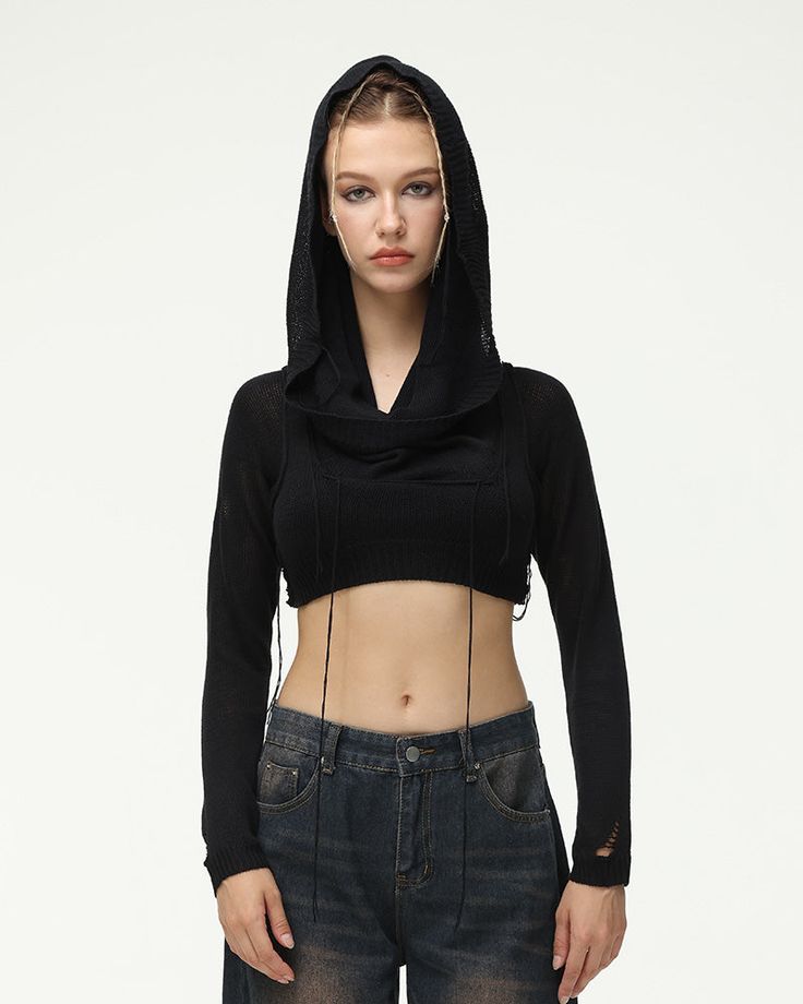 Details: Crochet long-sleeve crop to with hoodie design Top Length: Cropped Sleeve Length: Long Sleeves Materials:100% Acrylic Casual Stretch Crop Top For Winter, Black Cropped Hoodie With Drawstring Hood, Spring Cropped Hoodie With Drawstring Hood, Spring Cropped Hoodie With Drawstring, Winter Cotton Stretch Crop Top, Winter Stretch Cotton Crop Top, Black Cotton Cropped Sweater, Cropped Sweater For Fall Streetwear, Long Sleeve Crop Top For Spring Streetwear