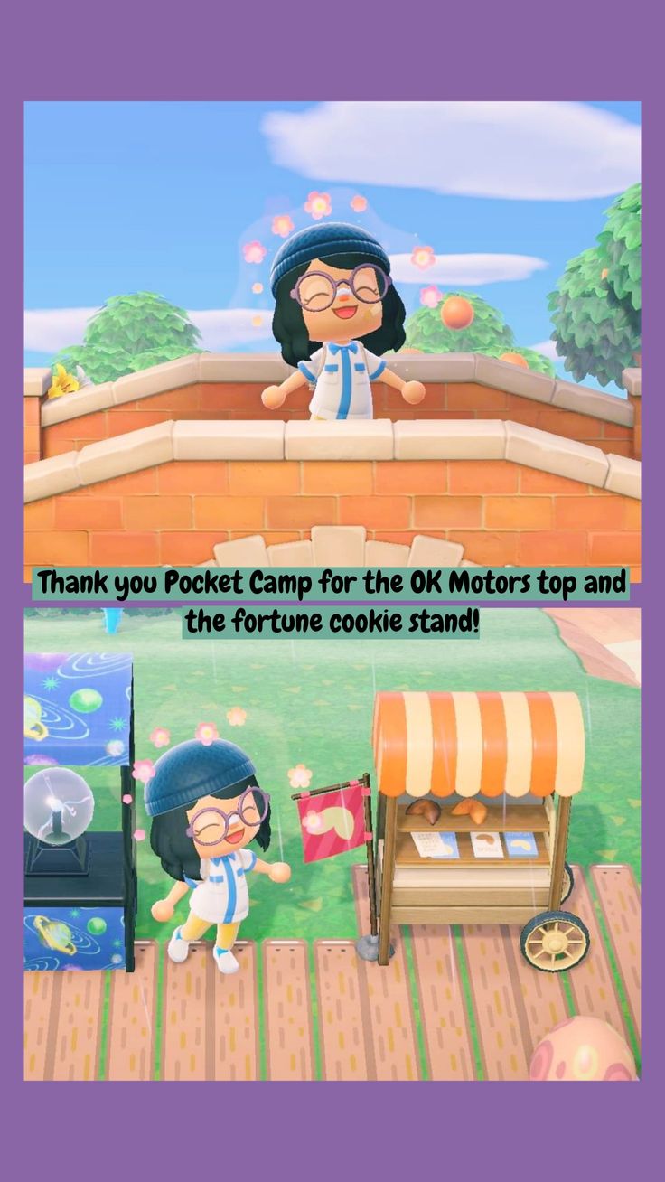 an animal crossing game with the caption thank you pocket camp for the okmot's top and the fortune cookie stand