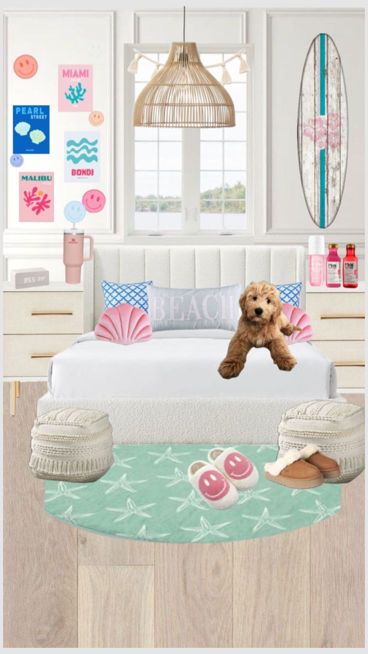 a teddy bear sitting on top of a bed in a room with lots of furniture