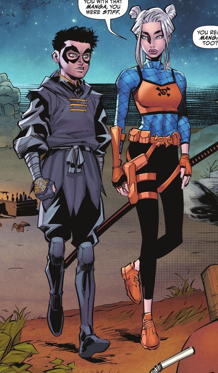 two comic characters standing next to each other