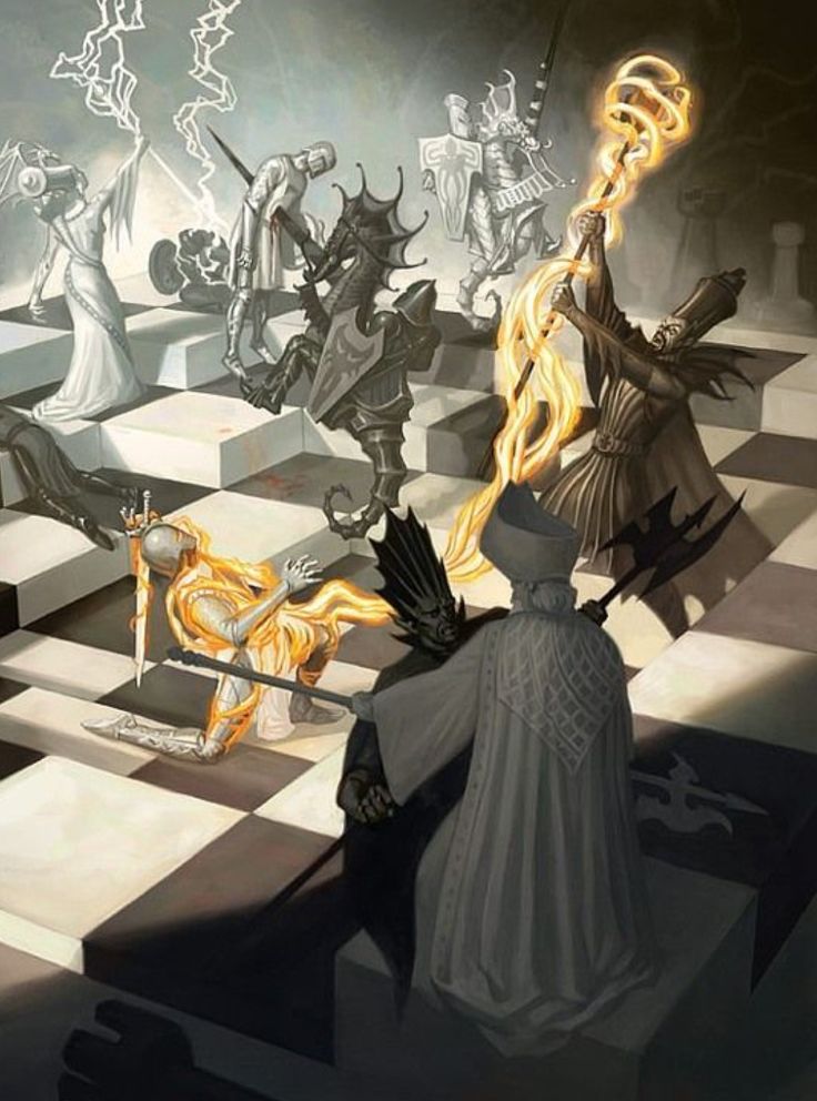 a woman standing in front of a giant chess board with flames coming out of it