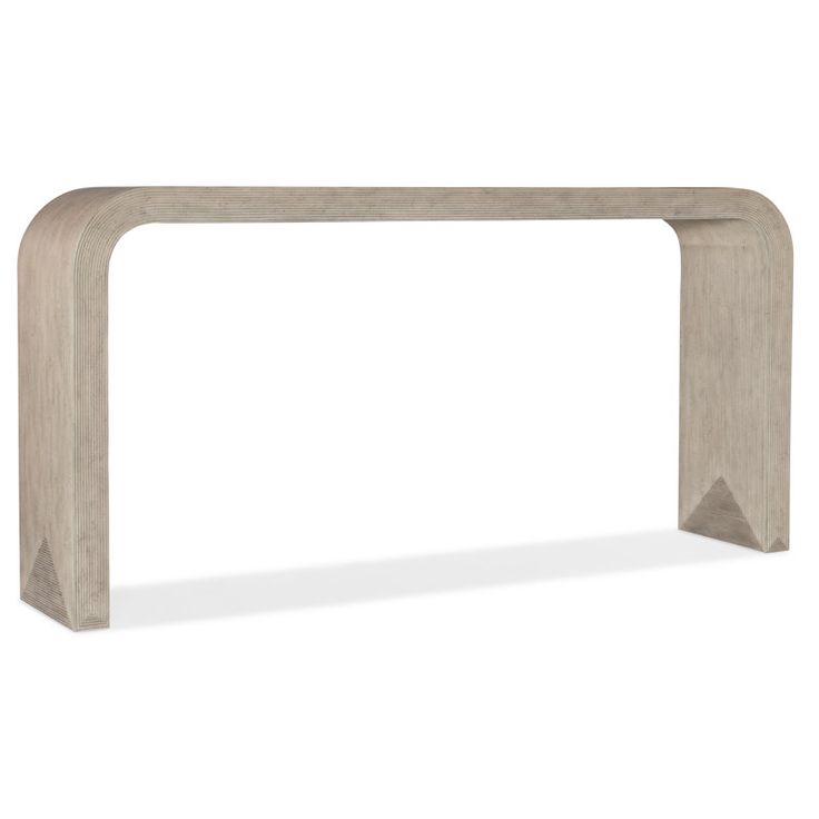 a wooden bench with an arch shaped design on the top and bottom, against a white background