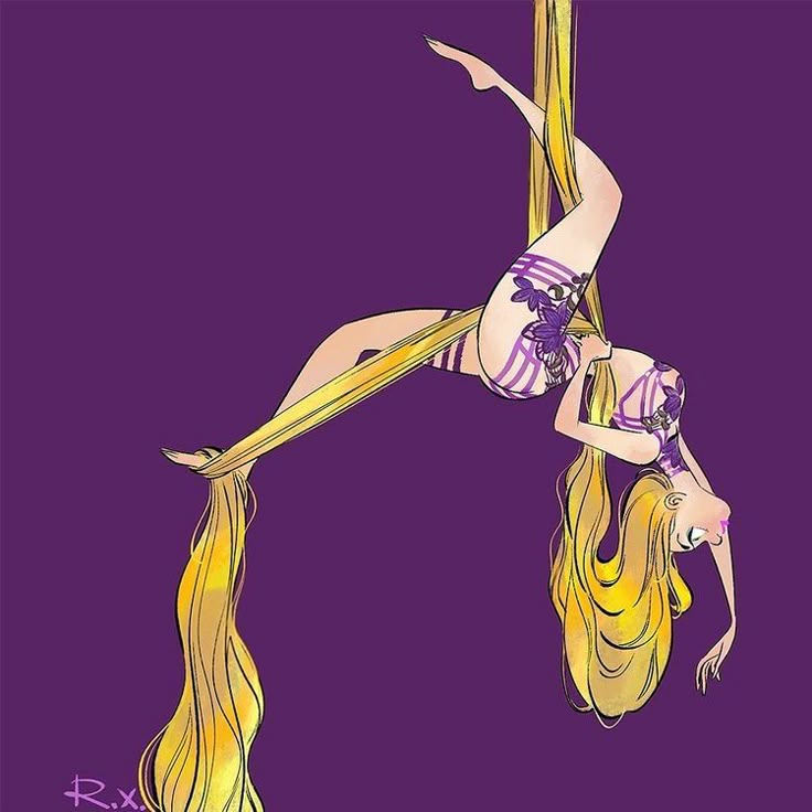 a drawing of a woman with long blonde hair on top of a pole in the air