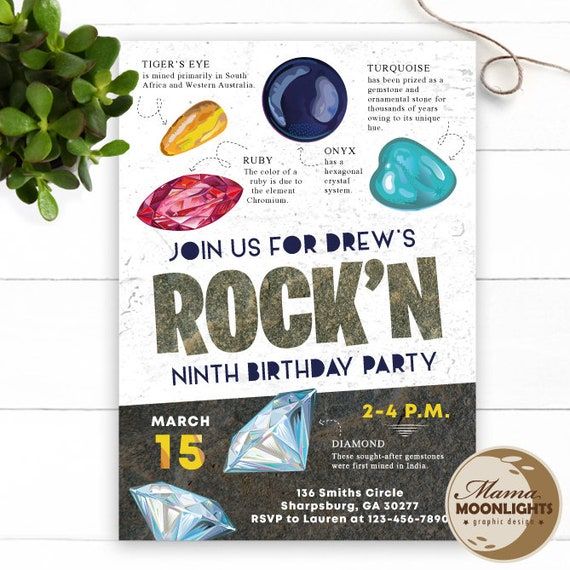 the rock'n birthday party is on display next to a potted plant and card