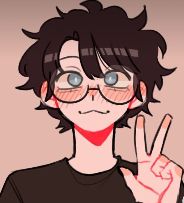 a drawing of a person with glasses making the v sign while holding their hand up