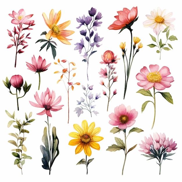 a bunch of different flowers that are on a white background and one is pink, purple, yellow and green