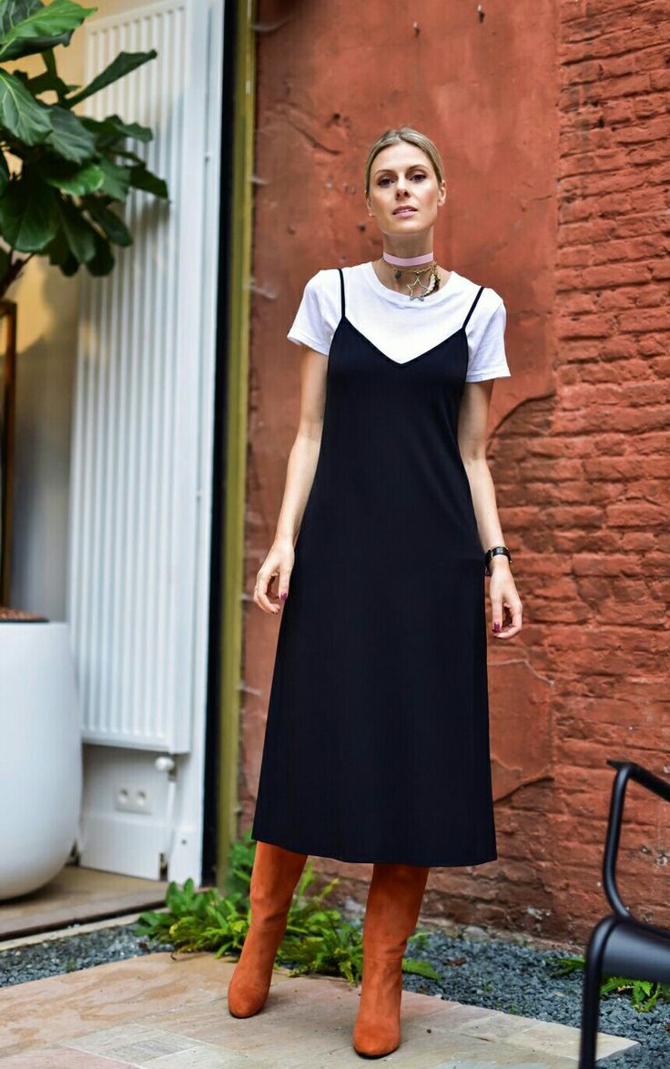 Shirt Under Sleeveless Dress, Layer Under Dress, Shirt Under Slip Dress Outfit, Slip Dress With Shirt, Cami Dress With Shirt Underneath, Tee Under Dress, T Shirt And Dress Outfit Layering, Layering Dresses For Spring, Black Slip Dress With Tshirt