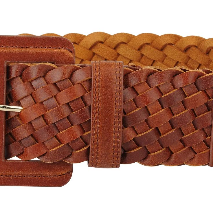 This women's wide braided genuine leather belt features a classic vintage design that is a boho and modern wardrobe essential! This wide woven belt is designed with full leather including the square buckle, with a pop of gold in the belt prong. Its woven design allows for size adjustments and a perfect fit. Made with intricately woven durable and soft leather, this belt is the perfect statement and texture piece to wear over the waist on maxi dresses, blazers, and jackets. Exterior Materials: Le Exterior Materials, Braided Leather Belt, Braids With Weave, Woven Belt, Modern Wardrobe, Woven Design, Genuine Leather Belt, The Square, Braided Leather