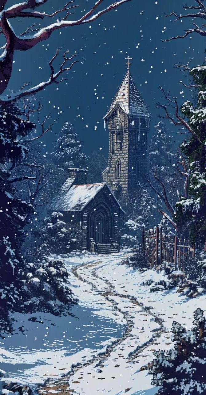 a painting of a church in the middle of a snowy landscape with trees and snow