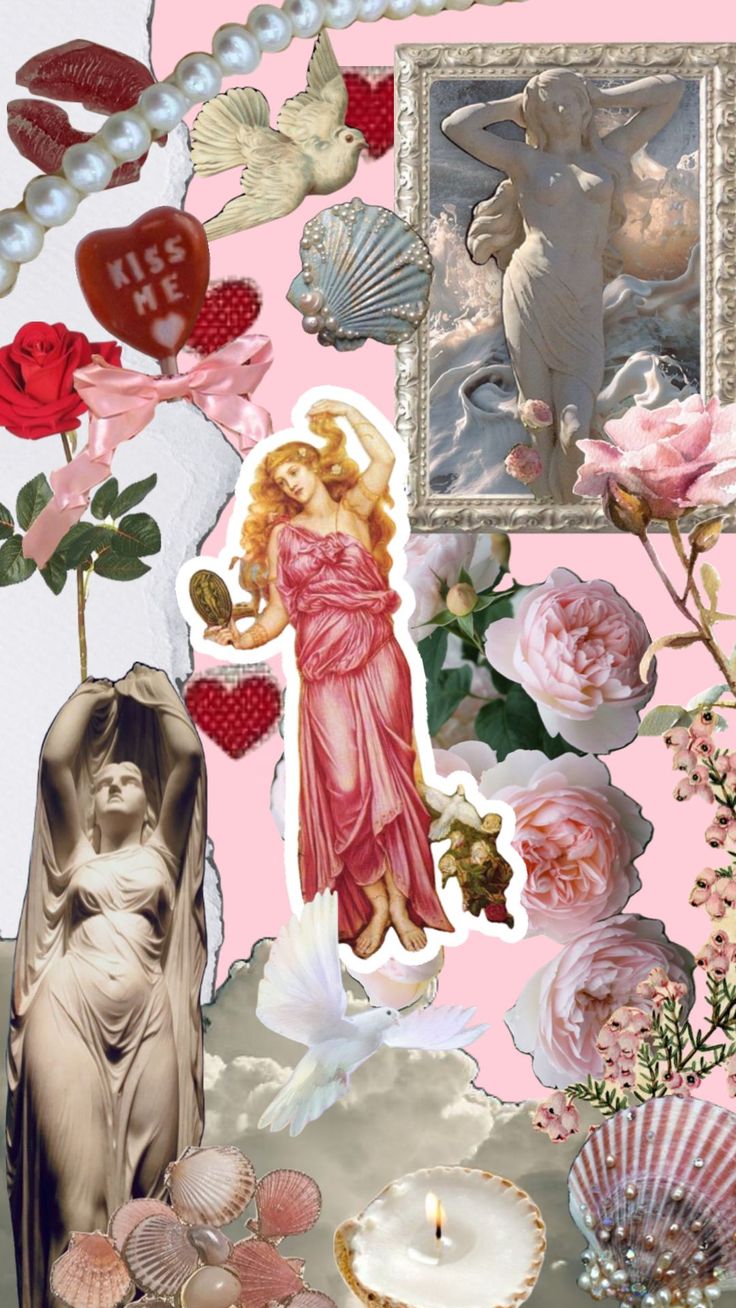 a collage of images with flowers, seashells and angels