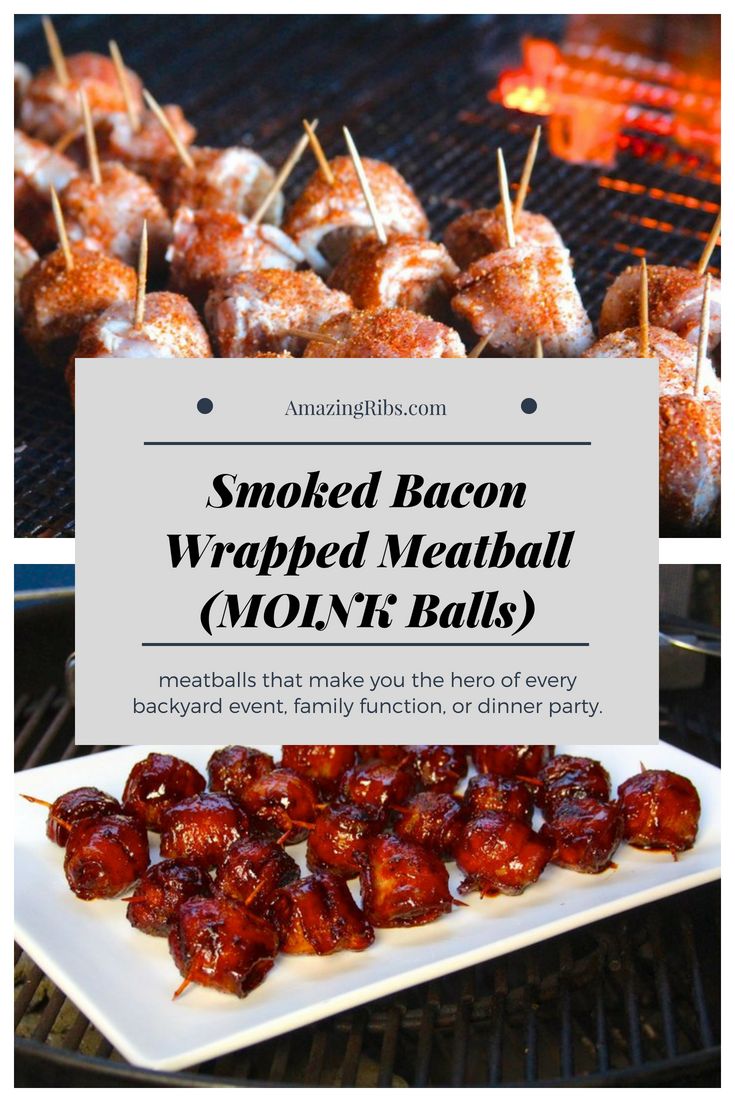 smoked bacon wrapped meatball mozzarella balls on a grill with text overlay that says smoked bacon wrapped meatball mozzarella balls