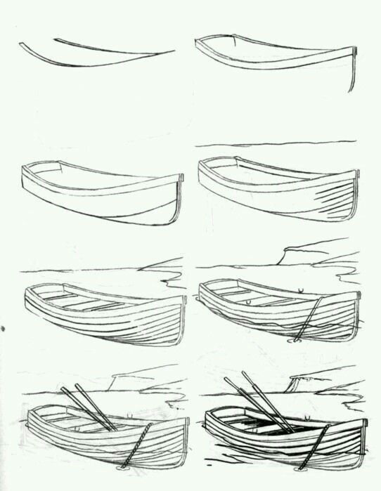 several drawings of boats in different stages of construction, including the hulls and oars