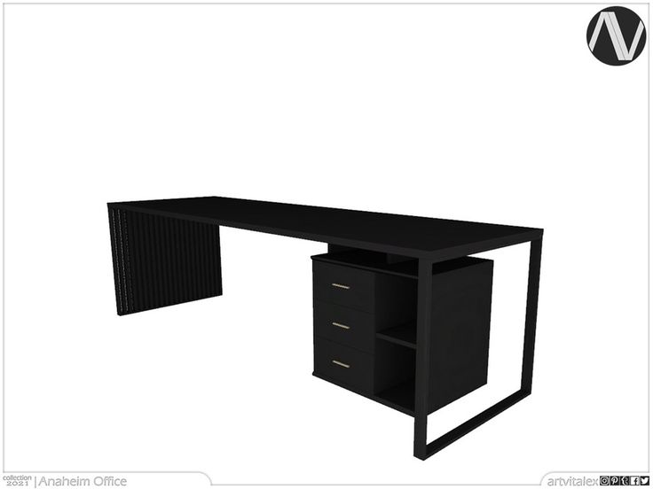 a black desk with two drawers and a shelf on the bottom, in front of a white background