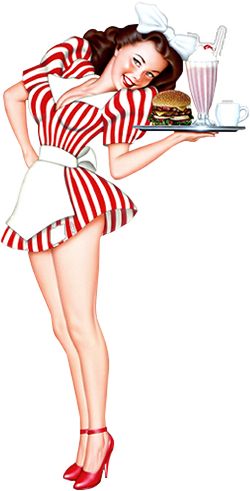 a pin up girl holding a tray with food on it